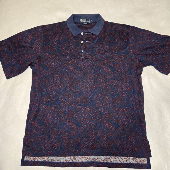 Vintage Polo Ralph Lauren Rare‎ Paisley Pattern Cotton Polo Shirt L Navy Red - Picture 1 of 7